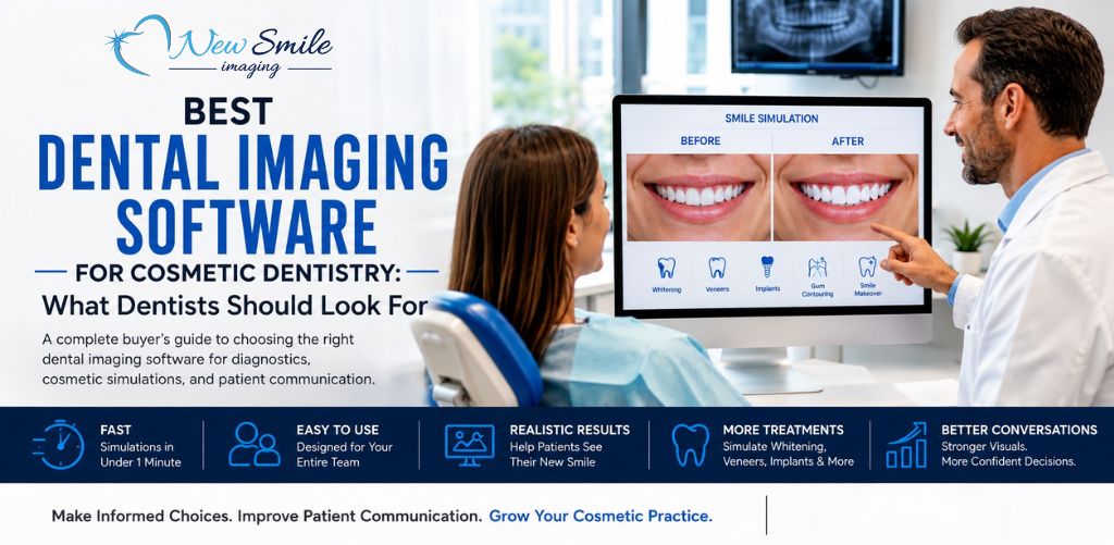Dentist evaluating dental imaging software for cosmetic dentistry and smile simulation