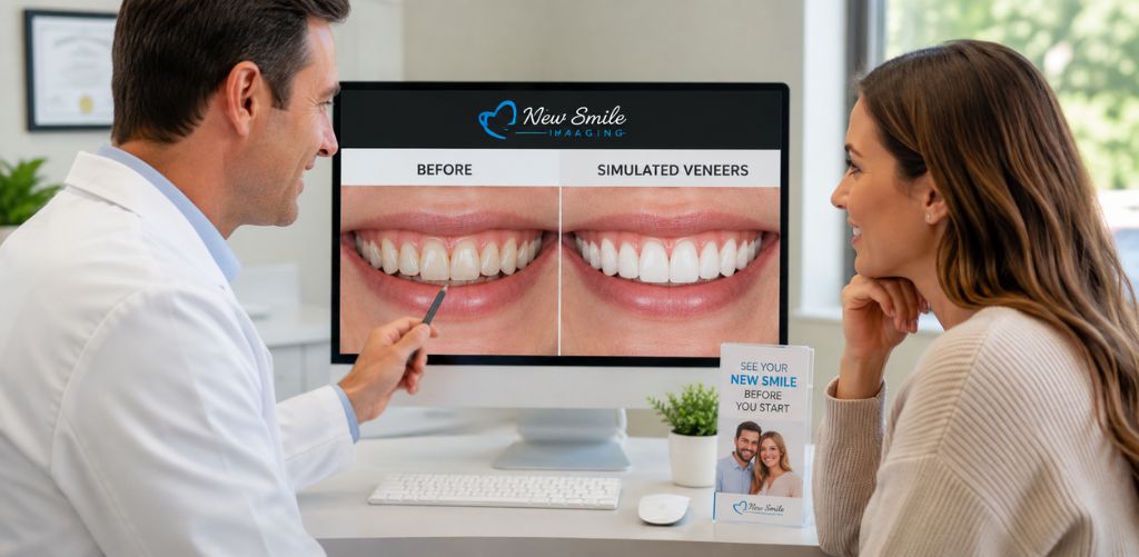 Dentist using veneer simulation software to show a patient a preview of cosmetic veneers