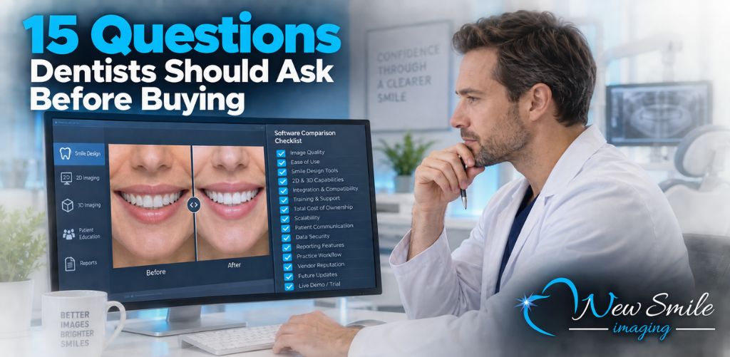 Dentist reviewing a dental imaging software comparison checklist and cosmetic smile simulation